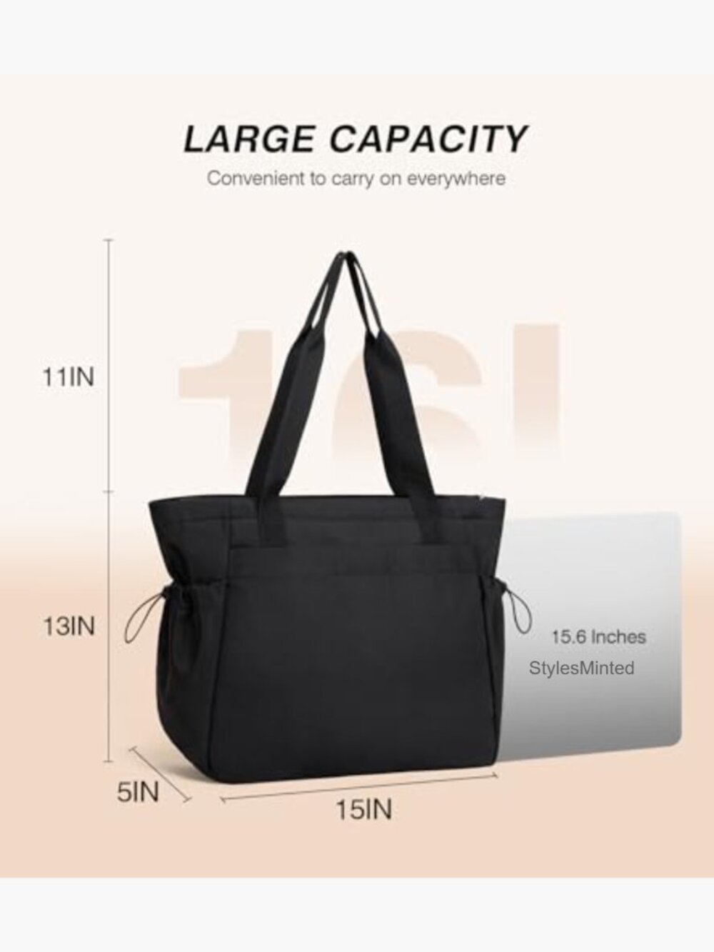 Large Tote Bag Lightweight Travel Work Gym Handbag with Zipper - Picture 3 of 7